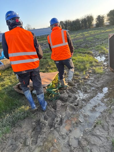 The image displays two individuals, observed from behind, navigating a muddy outdoor field in Newlawns, Ireland. Both wear blue hard hats, high-visibility orange vests with reflective stripes over dark long-sleeved shirts, and dark work trousers. The individual on the left wears blue rubber boots, while the individual on the right wears light-colored rubber boots; both pairs of boots are heavily coated in mud. The hard hat of the person on the right is marked "EXC-104". They are walking forward through thick, dark brown mud featuring numerous boot and tire tracks, as well as areas of standing water. Patches of green grass are interspersed within the muddy terrain. In the middle ground, a large array of solar panels is visible, extending horizontally across the field under a clear blue sky. A line of trees and bushes forms the distant background. Near the left individual, a piece of brown cardboard and a coiled green cable or hose are present on the ground. A dark, rectangular piece of equipment is partially visible on the far right edge of the frame.