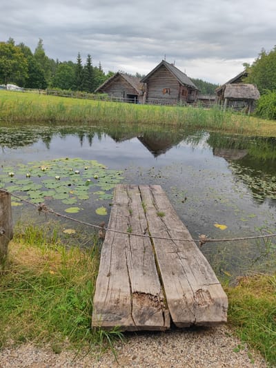 In the village of Bugrovo, Russia, a rustic wooden pier extends into a dark, calm body of water reflecting the overcast sky and surrounding trees. Water lilies with white blossoms dot the surface of the water. In the background, traditional wooden houses with thatched roofs and wooden fences are nestled amongst lush green trees. The foreground is a gravel path with grass and reeds along the water's edge.
