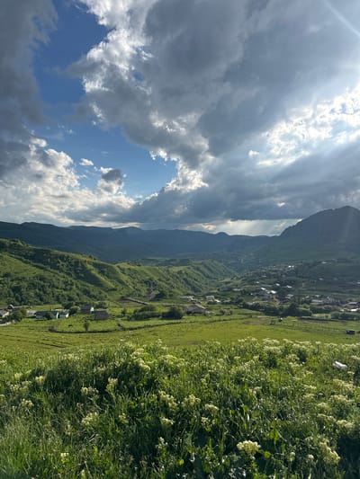 The image depicts a wide landscape view of the village of Verkhnyaya Mara, Russia. The foreground is dominated by a field of tall, green grass with clusters of small, white wildflowers. Beyond this field, a small village is visible, with houses scattered across a gently sloping green valley. The houses have predominantly light-colored roofs and walls, with some appearing to be made of stone or wood. Several trees are interspersed among the buildings and in the surrounding fields.
In the midground, rolling green hills rise, densely covered with vegetation. Further in the distance, a series of larger, more rugged mountains form the backdrop, their slopes also covered in green foliage. The sky is a dramatic mix of bright blue and heavy, dark clouds. Sunlight breaks through the clouds in several areas, casting rays onto the landscape. One ray of light is particularly noticeable, illuminating a section of the distant mountains and valley. The overall impression is one of a serene, rural setting under a dynamic sky. There are no people or animals explicitly visible in the main village area. A dark shape that could be a horse is present in one of the fenced fields in the midground.