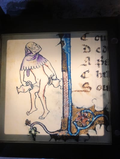 The image depicts a medieval-style illustration displayed under glass. The location is likely the Chillon Castle in Veytaux, Switzerland, based on similar artwork found there.
The illustration features a naked figure in a prone position, possibly female, wearing a purple headdress and with what appears to be a feathery, frilled adornment around the head or neck. The figure is pouring liquid from a vessel held above into another vessel positioned below. Above the figures is a blue, horizontal bar with brown and white geometric patterned underlay. Above that is medieval-style writing. To the right is an elaborate decorative border with blue and golden elements including floral shapes. A tail comes from the same motif and ends in a foliage-like element. The artwork appears aged and slightly faded. It is contained within a black frame or is set into a dark environment.