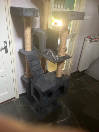 The image shows a multi-level cat tree indoors. The cat tree is primarily made of dark gray fabric and sisal rope, with several platforms and cubbies for a cat to explore and rest on. One of the platforms is bathed in bright light, suggesting it is near a window. The background shows a window with vertical blinds, a radiator, and a wall with a light purple textured wallpaper. The floor is a dark, irregularly shaped stone tile. The overall impression is of a cozy indoor space, likely a living room, where a cat has its own dedicated play and rest area. There are no people or animals visible in the image. The lighting suggests it could be daytime, possibly with sunlight coming through the window.