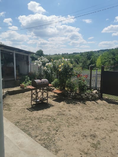 This is an exterior, eye-level, full shot of a backyard in Carbuna, Moldova, under a bright, cloudy sky. The scene is rustic and features a barbecue grill in the foreground, made of dark metal with decorative circular patterns on its stand, placed on a dirt and gravel ground. To the left of the grill, there is a simple wooden table and bench. Behind the grill and to the right, there are rose bushes with white and yellow flowers, and some red flowers, growing near a white picket fence. A dark metal gate is visible to the far right, partially obscuring a green lawn beyond. To the left, there is a simple, open-sided structure with a corrugated metal roof, possibly a shed or carport, containing various items inside. The background consists of rolling green hills and trees, indicating a rural or semi-rural setting. The overall impression is of a simple, lived-in outdoor space during daytime.