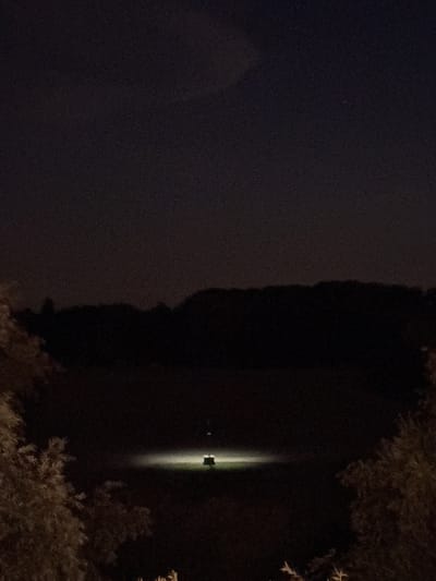 This media file depicts a dark, nighttime scene in Arnhem, Netherlands. The primary subject is a body of water, possibly a canal or river, bordered by vegetation. A prominent feature is a strong, vertical beam of light originating from the water's edge and extending upwards, illuminating the dark sky. At the source of the light beam, a small, dark object is visible, suggesting a light fixture or possibly a small structure. The surrounding trees and foliage are silhouetted against the night sky, with some branches visible in the foreground and along the right edge of the frame. The overall mood is one of quietness and mystery, with the single light source creating a dramatic focal point in the darkness. The time of day is clearly night, and no specific weather conditions are discernible beyond the darkness. There is no visible text in the image.