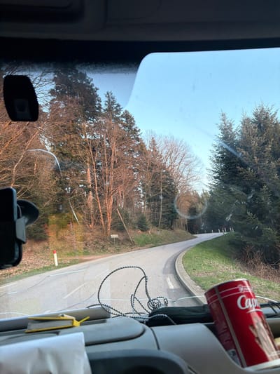 The image displays a winding asphalt road through a wooded area in Le Saulcy, France, viewed from inside a vehicle. The road, featuring white dashed and solid line markings, curves rightward and is bordered by a grassy verge and dense forest. A narrower road appears to diverge to the left in the foreground. A red and white marker pole is visible on the left side of the road, along with a small, dark road sign further back. The forest consists of bare deciduous trees on the left and predominantly evergreen conifers on the right. A clear, light blue sky is visible above the tree line. Inside the vehicle, the gray dashboard holds a yellow clip, white paper, a coiled black and white cable, and a red can branded "Capri" featuring a cat. A black phone in a mount is attached to the lower left of the windshield, which shows reflections and minor streaks. An internal device is mounted on the upper left of the windshield. No people are visible.