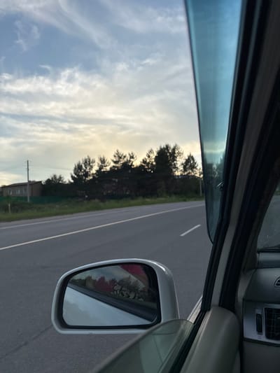 This is a photograph taken from inside a moving vehicle, looking out the passenger side window and reflecting in the side mirror. The scene depicts a rural road with a line of trees in the distance and a house to the left of the road. The sky is overcast with a soft, diffused light. The side mirror shows a reflection of the interior of the car and the sky. The location is Plodopitomnik, Russia.