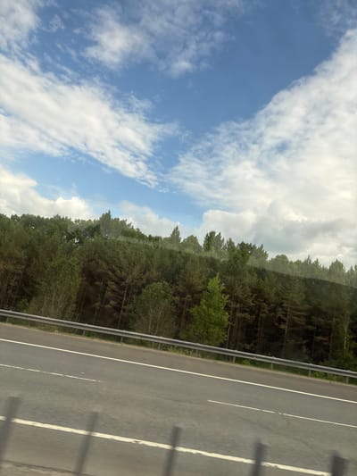 The image depicts a view from a vehicle traveling along a paved road in Russkie Kirmeni, Russia. The road has white lane markings and a metal guardrail separates it from a dense forest. The forest consists of a variety of evergreen trees and some deciduous trees, with a clear blue sky and scattered white clouds overhead. The perspective suggests the photo was taken during daylight hours, likely in the summer or late spring due to the lush greenery. No people are visible in the frame.