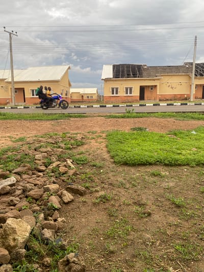 The image shows a street scene in Dumnga, Nigeria, with a focus on residential buildings and a motorcycle. In the foreground, there is a patch of dry, reddish-brown earth littered with rocks and sparse green vegetation. To the right of this is a more densely vegetated area of short, bright green grass.
In the middle ground, a black and white striped curb borders a paved road. A blue motorcycle is depicted in motion, with three individuals riding on it. The rider and two passengers are visible, with one passenger carrying a green bag on their back.
Behind the road, two yellow residential buildings are prominently featured. The building on the left appears to be under construction or recently completed, with a white roof and intact windows and doors. The building on the right, however, shows significant damage. Its roof is partially collapsed, exposing wooden beams and rafters, and sections of its yellow facade are peeling. Another smaller, similar-looking building is visible further in the background to the right. A utility pole with power lines stands to the left of the buildings. The sky is overcast with gray clouds.
