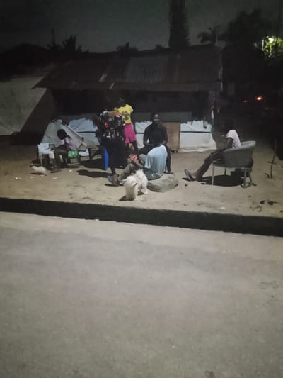 The image captures a nocturnal scene with several individuals gathered outdoors. The setting appears to be a makeshift shelter with a corrugated metal roof, possibly in a residential area. There are at least six people visible, some sitting on chairs, a rock, or the ground. Two small, fluffy white dogs are also present in the foreground.

One person, wearing a yellow t-shirt and pink shorts, stands near the center of the group. Another individual, in a dark shirt, is seated on a rock. A person in a light-colored shirt is also on the rock. A person in a light pink shirt is seated in a chair on the right side of the frame. Another person, in a patterned top and green shorts, is seated on a chair to the left. The overall lighting suggests it is nighttime, with artificial light sources casting shadows. The ground is dirt or sand, and the overall atmosphere is informal and relaxed, with the group appearing to be socializing. The location context provided is Rumuokwuta, Nigeria. There is no visible text in the image.