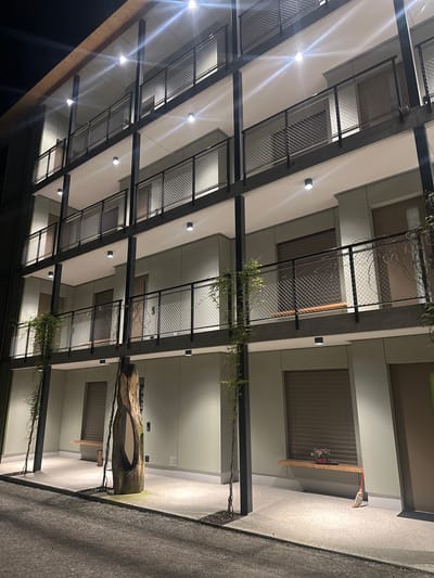 This image depicts a multi-story building facade, possibly located in Fehraltorf, Switzerland. The structure features balconies enclosed with dark metal mesh railings. Each floor is illuminated by recessed lighting, creating a pattern of bright spots against the beige building exterior. Some balconies have vegetation draping down. A unique wooden sculpture rests on the ground floor beside a concrete sidewalk. In the background, one can see window blinds and a broom. The photograph is taken at night, with darker shadows contrasting the illuminated sections of the building. The building’s architecture showcases a modern design with clean lines and a focus on open space.
