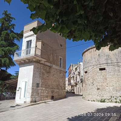 In Ruvo di Puglia, Italy, a narrow cobblestone street curves between a modern, multi-story building on the left and a section of an ancient stone tower on the right. The building on the left has a pale beige upper section and a lighter stone lower section, with a balcony on the second floor. A large conifer tree is visible to the left of this building. The stone tower on the right features a rough-hewn texture and several small openings. In the background, other buildings with balconies and windows line the street. Overhead, green foliage partially obscures the bright blue sky. The scene is illuminated by bright sunlight, casting sharp shadows on the street. The timestamp "06.07.2026 09:55" is overlaid on the lower right portion of the image.