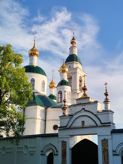 The image shows a view of the Transfiguration Cathedral in Chelganovo, Russia. The cathedral is a white, multi-domed structure with green roofs and gold-plated onion domes topped with crosses. In the foreground, there is a white fence with decorative elements and a large arched gateway with a dark metal gate. The gateway is adorned with religious icons. A large tree with green leaves is visible on the left side of the frame, partially obscuring the cathedral. The sky is blue with scattered white clouds. The scene appears to be illuminated by natural light, suggesting it was taken during the daytime, possibly in the late afternoon or early evening given the warm light. There are no people visible in the image.