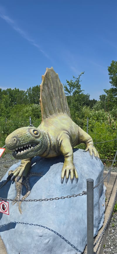 The image features a life-sized statue of a dimetrodon, a synapsid reptile that lived during the Permian period, positioned on a light blue, rocky sculpture. The dimetrodon statue is predominantly green with yellow and brown accents, showcasing its distinctive sail along its back, sharp teeth, and clawed hands and feet. Its eyes are a bright yellow, and its skin is textured to resemble scales.
The dimetrodon is depicted clinging to the rocky sculpture, with its limbs spread out. Several metal chains are attached to the sculpture and also draped around the dimetrodon, possibly as part of the display or for security. A metal pole is also visible, partially obscuring the dimetrodon's body and attached to one of the chains.
In the background, lush green trees and foliage create a natural setting. The sky is a vibrant, clear blue, suggesting a sunny day. The lighting indicates it is daytime, likely late morning or early afternoon, given the strong shadows cast by the chains and the pole.
A small, octagonal sign with a red border and a white icon depicting a hand with a line through it is visible near the dimetrodon's lower body. This sign likely indicates a "do not touch" rule for the exhibit. The overall scene appears to be an outdoor exhibition or park, possibly a dinosaur or prehistoric creature themed attraction, given the context of the statue and the presence of a warning sign. The location is specified as Saint-Léonard-d'Aston, Canada.