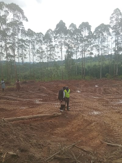 The image depicts a muddy field with tire tracks, located in what appears to be a deforested area in Moticho ward, Kenya. A line of tall, thin trees borders the field, with open, greener land visible in the distance. Two people, one wearing a yellow reflective vest, are standing in the field. Two additional individuals are visible in the background along the tree line. A long, thin log lies on the ground near the edge of the field. The sky is overcast.