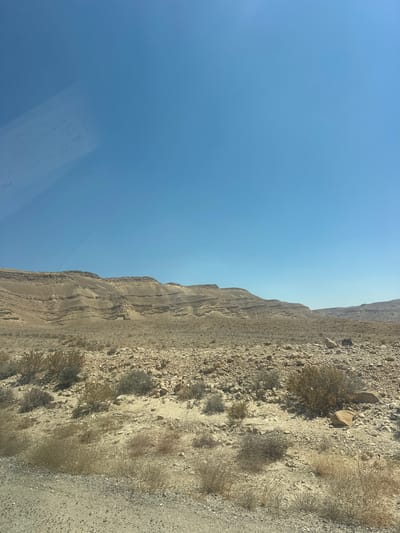 The image depicts a wide desert landscape under a clear blue sky. In the foreground, a gravelly surface transitions into arid terrain dotted with sparse, dry desert shrubs and rocks. In the midground, the ground is rocky and covered with more of these hardy plants. In the background, layered, eroded mountains dominate the horizon, showing distinct horizontal strata characteristic of desert geology. The overall scene is one of a vast, arid environment, consistent with the desert landscapes found in the Ramat Negev Regional Council, Israel. There are no people or visible structures in the image.