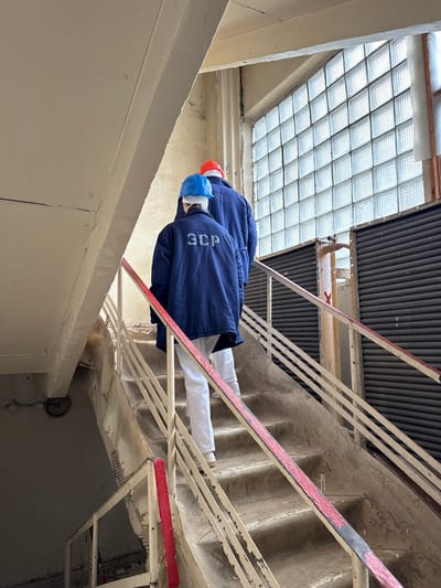 Two individuals ascend a concrete staircase within an aged industrial building in Чорнобиль, Ukraine. The person in front wears a blue hard hat, a dark blue long coat with the Cyrillic letters 'ЗСР' in white on the back, and white trousers. The second individual, directly behind, wears an orange hard hat, a similar dark blue long coat, and white trousers. The concrete staircase exhibits visible wear, with chipped surfaces. Its metal railings are painted a light color, with the top bar featuring faded and flaking red paint. To the right, a large window composed of square glass blocks provides illumination, positioned above dark, horizontally ribbed panels, possibly industrial equipment. The light-colored walls show signs of age and deterioration.