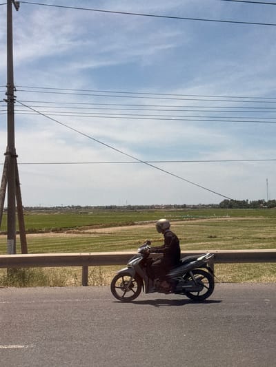 A person wearing a helmet and dark clothing is sitting on a motorcycle parked on the side of a road. The motorcycle is dark-colored and appears to be a scooter. To the left of the motorcycle, there is a field with green and dry vegetation, and in the background, there are trees and some distant buildings. Above the field, a vast expanse of the sky is visible, with several parallel power lines stretching across it. To the right of the motorcycle is the asphalt road. The scene is lit by daylight, suggesting it is daytime, and the sky is mostly clear with some wispy clouds. The setting appears to be rural or semi-rural, given the presence of fields and power lines. The image is captured at an angle, with the motorcycle and person appearing to be in motion, or paused briefly by the side of the road.