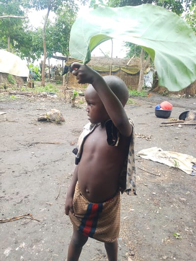 In Kajola, Nigeria, a young child stands outdoors in a muddy, unpaved area, holding a large green leaf above their head. The child is wearing a patterned cloth around their waist and a garment draped over their shoulders. The background reveals a rural setting with trees, vegetation, and makeshift structures constructed with straw and tarps. Several objects are scattered on the ground, including a black bowl containing red and blue containers, a piece of cloth, and branches. The overall scene depicts a humble environment, possibly a village or settlement.