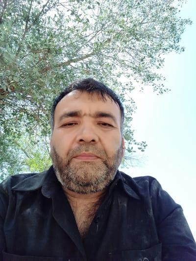 A medium shot portrait is captured from a low angle, looking up at a man. He has dark hair, a prominent nose, and a full beard. He is wearing a black collared shirt that is slightly unbuttoned, revealing dark hair on his chest. The background consists of a tree with light green leaves and a bright, light blue sky. The image appears to be taken outdoors in an arid environment, consistent with the climate of Chalysh, Uzbekistan.