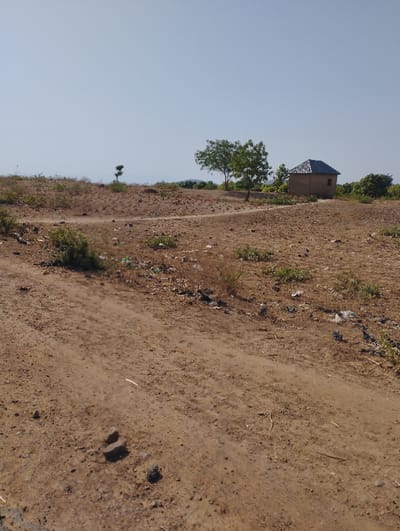 The image shows a dirt road in Mallam Sidi, Nigeria, a suburb of Abuja, the capital city, at coordinates (10.466, 11.279). The road leads to a small, single-story house with a corrugated metal roof. The house is located on a small hill overlooking the road. There is a tree to the left of the house and bushes to the right. The ground is covered in dry grass and there are small rocks scattered around. The sky is clear and blue, suggesting a sunny day.  The image shows the house, the road, and the surrounding vegetation, all in the context of the wider landscape.  There are no people visible in the image.  There are no objects or actions in the image that would suggest an interaction.