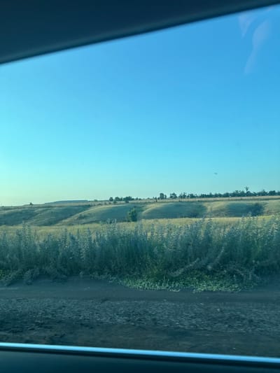 The image depicts a horizontal, somewhat blurry landscape view, likely taken from a moving vehicle looking outwards through a window. The scene is divided into two distinct halves. The left side is dominated by a clear, bright blue sky, gradually fading to a lighter hue near the horizon. Some faint reflections or smudges are visible on the surface the photo is taken through, particularly on the left edge which is partially obscured by a dark frame.
The right side of the image showcases a grassy, rolling terrain. The vegetation appears dry and somewhat sparse in places, with hints of yellow and brown interspersed with green. A dirt path or road runs horizontally through this section, creating a darker, rougher texture. A line of trees, silhouetted against the sky, marks the distant horizon, suggesting a treeline or the edge of a field. The lighting indicates it is likely daytime, with the sun casting shadows that are not strongly visible due to the image's rotation and blur. No people or specific objects are clearly identifiable. The overall impression is of a rural, open landscape under a clear sky. The context of Lativka, Ukraine, places this scene within a specific geographical and cultural setting, though no direct visual cues within the image confirm this location.