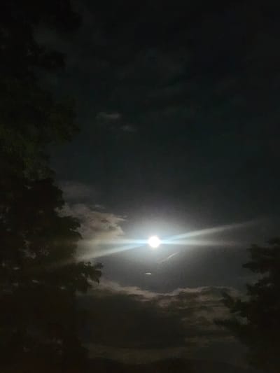 This is a nighttime photograph of the moon, which is bright and centrally located in the frame. The moon is partially obscured by clouds, which are illuminated by its light. The sky is dark and appears to be twilight or nighttime. Trees are visible in the foreground on the left and right sides of the image, silhouetted against the sky. The location of this photograph is the Town of Hoosick, United States of America. There are no people, animals, or any other discernable objects or actions in the scene.