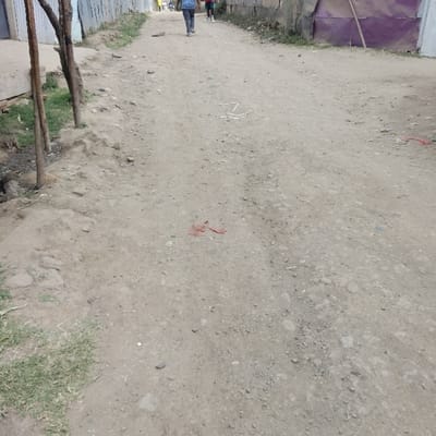 The scene depicts an unpaved dirt road in Ongata Rongai ward, Kenya, extending into the distance under daylight conditions. The road surface is composed of compacted earth, gravel, and scattered small stones.

On the left side of the road, a narrow strip of green grass borders the immediate foreground, transitioning into bare earth. Further along this side, a shallow, dark-colored ditch or drain is visible, leading to what appears to be the base of a structure with corrugated metal siding. Two untreated wooden poles, vertically oriented, are positioned near the left edge, approximately a third of the way up from the bottom of the frame.

On the right side of the road, a low, rough stone wall runs parallel to the path. Beyond this wall, various structures are visible, including one prominent section featuring purple corrugated metal siding supported by a diagonal wooden beam. Other structures with light-colored metal siding are also present.

On the road surface, near the foreground, a crumpled reddish-brown fabric object is situated slightly left of the center. Further down the road, closer to the mid-ground on the right side, several intertwined white, string-like objects are present.

In the far background, three individuals are walking away from the camera along the dirt road. The leftmost person wears blue jeans and a blue shirt, carrying a dark backpack. The middle individual wears dark clothing. The rightmost person is dressed in a red top and dark trousers. No direct interactions between the individuals are discernible from this perspective. The overall environment suggests a residential or semi-urban pathway.