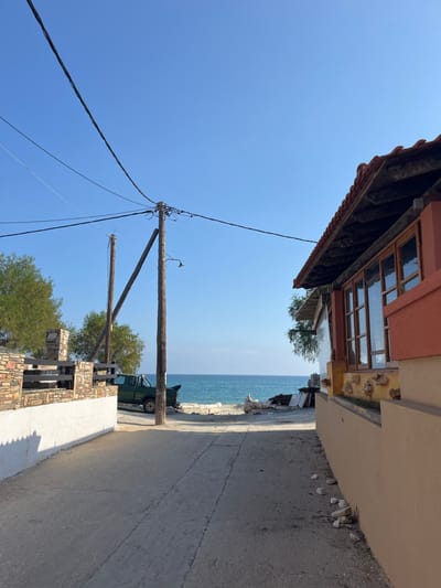 The image shows a narrow street in Limenaria, Greece, with a view of the Aegean Sea in the distance. The street is paved with concrete and lined with low stone walls on either side. A wooden utility pole stands on the left side of the street, with several electrical wires running overhead. A green pickup truck is parked on the left side of the street, facing the sea. The street leads towards the sea, which is calm and blue under a clear, blue sky. The wall on the right side of the street belongs to a building with a red tile roof and large windows. The wall is beige and decorated with seashells. There are no people in the image. The environment is peaceful and serene, with the sun shining brightly. The latitude and longitude coordinates are 40.626, 24.57, which are located in Limenaria, Greece.