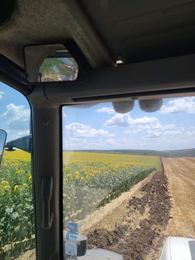 The image, captured from the interior of a tractor cab, shows a vast field of sunflowers in Zarnik, Bulgaria. The sunflowers, in full bloom with their bright yellow petals, stretch across the landscape under a clear blue sky dotted with fluffy white clouds. Adjacent to the sunflower field, a section of land has been plowed, revealing dark, rich soil. The tractor is actively engaged in plowing, as indicated by the freshly turned earth. The scene depicts agricultural activity on a large scale, with the tractor operating in a rural setting. The mirror inside the cab reflects more of the sunflower field and the plowing equipment.