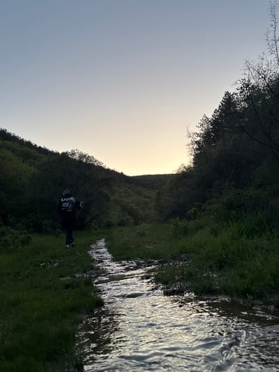 The image shows an outdoor scene next to a stream or small river. The vegetation on either side consists of grass and trees. A person is walking along the path beside the water, wearing dark clothing with "LOYALTY" visible on the back of their jacket or shirt. The sky is visible above the trees, with a slight yellow tint suggesting sunrise or sunset. The water is flowing and reflects the sky. I do not have any information on the location.