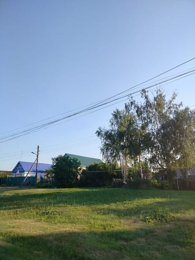 The image depicts a rural scene in the village of Пыркино, Russia. The sky is clear and blue, with several power lines stretching across the upper portion of the frame. In the mid-ground, two houses are visible. The house on the left has a bright blue roof, and a flag bearing the Russian tricolor is mounted on its facade. The house on the right has a green roof. Numerous trees and bushes surround the houses, and a wooden fence runs along the property line. The foreground consists of a grassy field, with shadows cast from the trees and possibly the viewer's perspective. A wooden utility pole with a lamppost is located to the left of the blue-roofed house. The overall impression is one of a sunny, peaceful day in a rural setting.