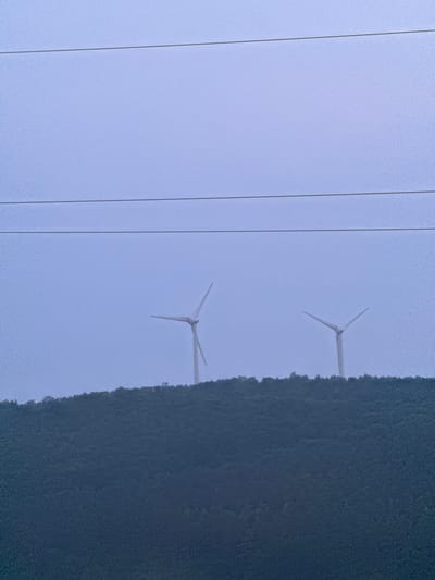 The image captures a serene evening landscape in Kuriany, Ukraine, featuring two wind turbines silhouetted against a pale blue sky. The turbines stand tall on a tree-covered hill, their blades appearing to be in motion. Three power lines stretch horizontally across the upper portion of the frame, adding a man-made element to the natural scene. The hill is densely covered with dark green trees, creating a stark contrast with the lighter sky and wind turbines. The overall atmosphere is peaceful and tranquil, evoking a sense of calm.