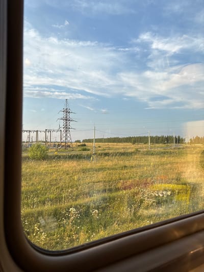 An exterior view from a train window shows a power substation with a tall lattice tower and surrounding electrical infrastructure. Beyond the substation, a vast field of tall grass and wildflowers stretches towards a line of trees in the distance. The sky is partly cloudy with a mix of blue sky and white clouds. The image appears to have been taken in the city of Vyritsa, Russia, based on the visible power infrastructure and landscape characteristic of the region.