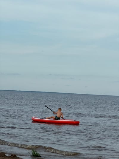 A young boy, facing away from the viewer, is paddleboarding on a calm body of water. He is seated on a red paddleboard and holds a black paddle. The boy is wearing dark swimming trunks. The water is a deep blue-grey and shows small ripples. In the distance, a dark line of trees marks the horizon. The sky is overcast with pale blue and grey clouds. The foreground shows a sandy shore with some green vegetation. The scene is devoid of any other people or objects. The location is the city of Ondvor, Russia.