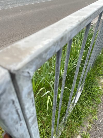 The image captures a close-up, downward-angled perspective of a weathered galvanized metal guardrail or fence in Tullamore, Ireland. The fore- and midground are dominated by the fence's top horizontal bar and multiple vertical balusters. Through the fence, a narrow strip of green ground is visible, populated by a mixture of grass and numerous emerging plant stalks, primarily identifiable as daffodil foliage with some displaying yellow-green buds or spent flower remnants. This vegetated strip borders a dark grey asphalt road, partially visible in the blurred background, with a faint curb line separating the grass from the road surface. The scene is illuminated by natural daylight. No individuals, vehicles, or specific actions are present.