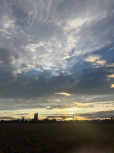 An outdoor landscape photograph depicts a rural scene in Hœrdt, France, at either sunrise or sunset. The foreground consists of a dark, tilled agricultural field, showing disturbed earth. The midground reveals a distant horizontal silhouette of a village skyline, composed of various trees and buildings. A prominent church spire is centrally positioned within this silhouette, flanked by several residential structures and, to its left, two distinct tall, slender trees. The sun, largely obscured by horizon-level clouds, emits a strong golden and orange glow just above the village line. The sky above is largely covered with multiple layers of clouds, transitioning from lighter grey and white with some blue patches in the upper regions to darker grey and warm yellow-orange hues near the horizon. No individuals, actions, or specific interactions are discernible within the image.