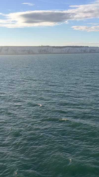 The image captures a wide view of the sea with the white cliffs of Dover in the background. The sea is choppy with small waves reflecting the sunlight. A single bird is in flight over the water. The white cliffs are a prominent feature, stretching across the horizon, topped with vegetation. A small structure, possibly a lighthouse or tower, is visible on the cliff edge. The sky above is blue with scattered clouds, including a large, elongated grey cloud. The scene appears to be from a boat or elevated vantage point looking towards the coast.