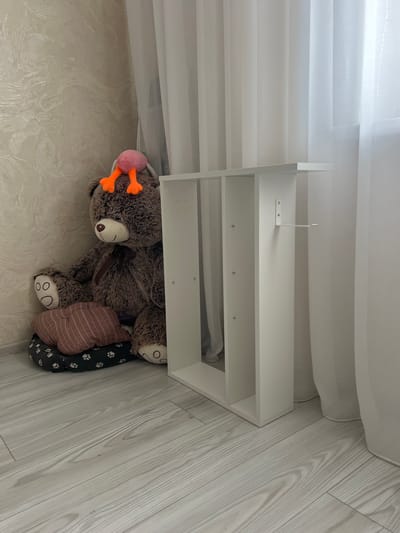 The image depicts an indoor scene, likely a bedroom or living area, with a large plush teddy bear seated on a patterned pet bed. The teddy bear has orange duck feet on its head. To the right of the teddy bear is a white, multi-compartment shelf unit. Behind the teddy bear and shelf is a light-colored textured wall and a sheer white curtain. The floor is covered with light-colored wood-effect laminate flooring. The image does not contain any specific details that would allow for its location to be identified within the city of Lyepyel, Belarus.