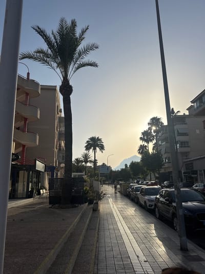 This image captures a street scene in Pla Parcial Platja, Spain, during what appears to be late afternoon or early evening due to the low angle of the sun casting long shadows. The weather is clear and sunny, with a bright sky and the sun positioned behind some palm trees, creating a slightly hazy or backlit effect.

The scene features a street lined with parked cars on the right side and buildings on the left. Several palm trees are visible, adding a tropical element to the urban landscape. One particularly tall palm tree stands prominently in the foreground on the left, with its fronds silhouetted against the sky.

Among the objects visible are parked cars, buildings with balconies and windows, a lamppost, streetlights, and decorative planters. The sidewalk is paved with light-colored tiles, and there are some steps leading up from the street level. A few people are present, walking along the sidewalk. One person is visible in the lower left, near the palm tree, and another further down the street.

Notable details include the architecture of the buildings, which appear to be residential or commercial, and the arrangement of the parked cars, suggesting a public parking area. The sunlight creates a strong contrast between light and shadow, highlighting the textures of the pavement and the surroundings.

Visible text includes "ATM" on a sign and "LAUNDRY & DRY" on another sign visible on a building facade. The overall atmosphere is calm and pleasant, indicative of a typical day in a coastal town.