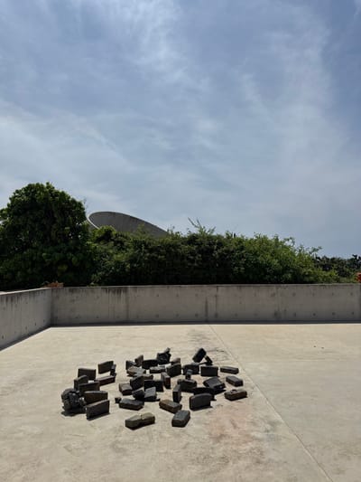 The image presents an outdoor scene in San Isidro Llano Grande, Mexico, under a bright, partly cloudy sky. The foreground and midground consist of a flat, light-colored concrete surface. Approximately 30 to 40 dark-colored, rectangular and irregularly shaped objects, resembling bricks or stones, are loosely scattered in an irregular cluster near the center of the concrete surface. A concrete wall with visible form tie marks and some dark staining extends horizontally across the midground. Behind this wall, a dense line of green vegetation, including trees and bushes, is present. Partially visible through the foliage in the upper left background is a large, curved, light-colored concrete structure. No individuals are present, and no discernible actions or interactions are occurring.