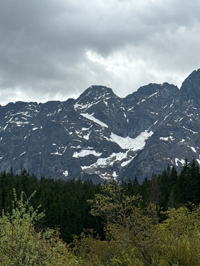 The image depicts a mountain with snow patches on its rocky face. To the right of the mountain are dense, evergreen trees, and some deciduous trees with budding leaves. The sky is overcast with heavy clouds. The scene is not recognizable as being located in Brzegi, Poland. The image is not identifiable in Brzegi, Poland.