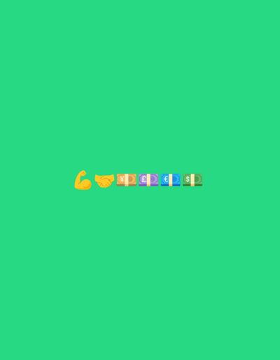 The image displays a minimalist composition against a vibrant green background. At the bottom center, a row of emojis is presented: a flexed bicep emoji, a handshake emoji, and five different currency symbols (Yen, Pound Sterling, Euro, and US Dollar) depicted as stacks of bills. The Yen symbol is on a tan banknote, the Pound Sterling is on a light brown banknote, the Euro is on a purple banknote, and the US Dollar is on a blue banknote. The Yen, Pound, Euro, and US Dollar banknotes are each accompanied by a tan banknote. The overall arrangement suggests a theme of financial strength, agreement, and diverse global currencies. There are no discernible elements related to the city of Prikubanskii, Russia.