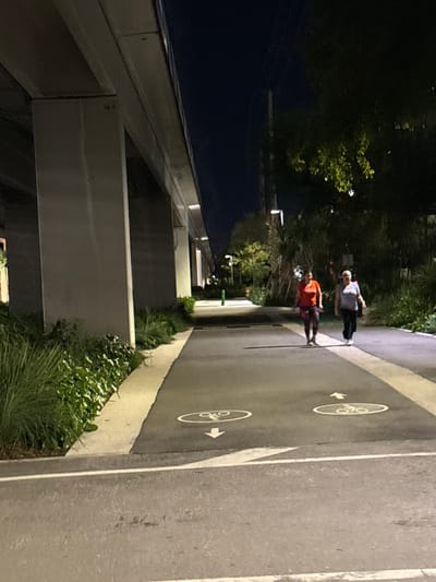 A paved path with bicycle lane markings runs along the side of a building at night. Two individuals are walking on the path. One is wearing an orange shirt, while the other is wearing a white shirt. Vegetation is visible along the edge of the path. The lighting suggests it is evening.