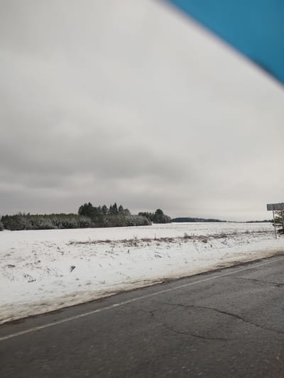 The image depicts a snowy landscape under a cloudy sky. A field covered in snow stretches toward the horizon. A line of trees separates the field from the distance. The foreground shows a paved road with some snow accumulation along its edge. There is a blue object in the top right corner. A sign on a pole is visible on the right side of the image. Location: Makarovo, Russia.
