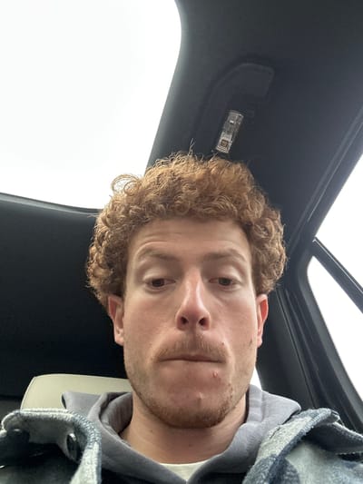 A close-up, upward-angled self-portrait shows a young man inside a vehicle. The man has fair skin, light brown curly hair, and light facial hair around his chin and upper lip. He is wearing a grey hooded sweatshirt underneath a blue, grey, and white plaid jacket. His expression is neutral as he looks directly at the camera.
The setting is the interior of a car, with a dark grey or black headliner visible around and above him. A bright, overcast sky is visible through a sunroof located in the upper right portion of the frame. An interior light fixture is present on the headliner towards the upper left. The diffused, bright light suggests it is daytime with cloudy or overcast weather. No specific details in the image indicate the precise location within Fort Lee, United States of America. There is no visible text in the media file.