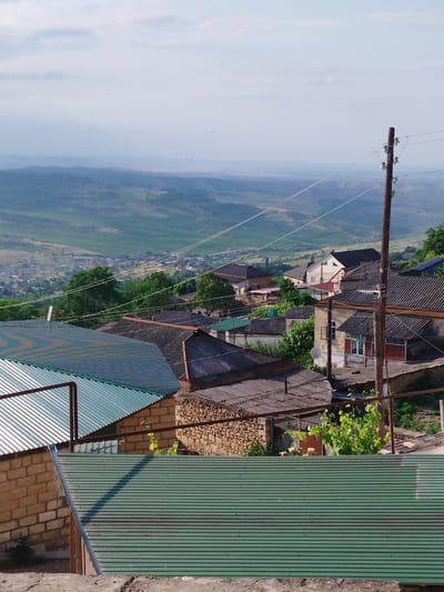 The image depicts a panoramic view of the city of Darvag, Russia, from a high vantage point. In the foreground, several corrugated metal roofs are visible, some green and others with a metallic sheen. The roofs are supported by metal frames and are adjacent to structures built with stone and brick. A wooden utility pole with insulators stands prominently on the right side of the frame, supporting several electrical wires that stretch across the scene.
Beyond the immediate structures, the landscape transitions into a densely populated area with numerous houses, many of which also have visible roofs of various materials, including metal and shingles. Trees and vegetation are interspersed throughout the residential area. The city is situated in a valley, with rolling green hills and mountains forming the backdrop. The distant landscape is hazy, suggesting a considerable distance or atmospheric conditions. The sky is partly cloudy with a pale blue hue. The scene appears to be a daytime shot, with clear lighting conditions. There are no visible people or animals in the image.