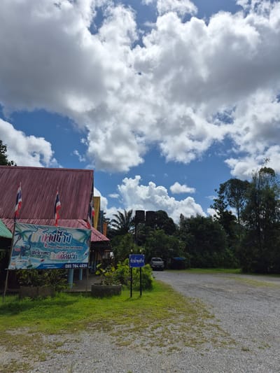 The image depicts an outdoor scene in Phang-nga, Thailand, on a bright, cloudy day. In the foreground, a gravel parking area is visible, bordered by a strip of green grass with some patches of dry earth and weeds. To the left, a building with a red corrugated metal roof stands, adorned with three Thai flags. In front of the building, a large banner with Thai text and graphics, including elephants and palm trees, is displayed. The banner has English text that reads "Pung Chang Cave Information" and "Welcome". Below the banner, potted plants sit in concrete planters. A blue sign with Thai writing is also visible to the right of the banner, mounted on a pole.

In the middle ground, behind the building and banner, dense green foliage and trees dominate the landscape. A few structures, including what appear to be water tanks, are partially visible among the trees. A silver pickup truck is parked on the right side of the gravel area, near a small blue-and-black structure.

The background is filled with a vibrant blue sky with large, fluffy white clouds. The overall environment suggests a tropical location, likely near a natural attraction given the "Pung Chang Cave Information" banner. The scene is devoid of any people.