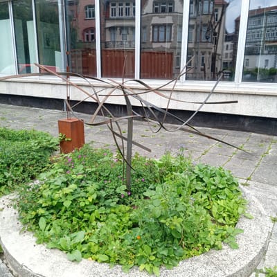 In the city of Eisenach, Germany, an outdoor scene features a unique sculpture of intertwined metal strips, set within a circular planting bed filled with lush green foliage and small pink flowers. The sculpture is anchored by a weathered, rusty square metal post. Behind the planting bed, a paved walkway of square concrete slabs with visible weeds is visible, leading to a large building with expansive windows. The windows reflect the surrounding architecture, showing a multi-story building with numerous windows and a red-tiled roof. The environment appears to be a public space or the grounds of a modern building. There are no people visible in the image.