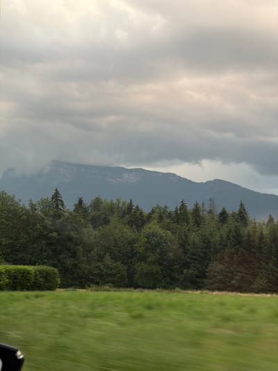 The image depicts a cloudy sky over a mountain range, with a dense forest in the foreground and a blurred green field in the very front. A small portion of a black object, likely part of a vehicle, is visible in the lower left corner. The scene is consistent with the landscape found in Eteaux, France, known for its mountainous terrain and verdant surroundings. No people or specific actions are discernible.