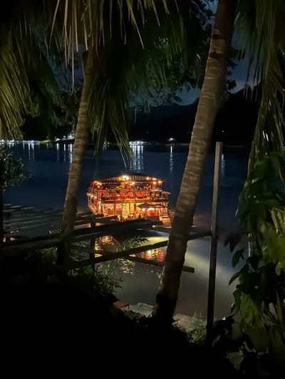 This is a nighttime scene on the Mekong River in Luang Prabang, Laos. A multi-level boat restaurant, illuminated by numerous red and yellow lights, is anchored in the dark water. Rows of tables and chairs are visible on the boat's decks. The river reflects the boat's lights and distant city lights. In the foreground, silhouetted palm trees and foliage frame the view. A wooden railing or pier structure is also visible in the lower foreground. The overall atmosphere is serene and inviting.
