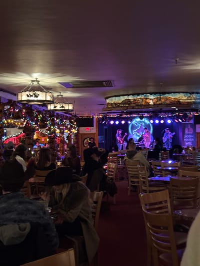 Inside a crowded restaurant, patrons fill tables beneath twinkling Christmas lights. A stage hosts musicians performing under bright spotlights and a circular neon sign. Above the stage, a decorative mural lines the wall. Ornate chandeliers hang from the ceiling. Patrons are seated at wooden tables with matching chairs, engrossed in the performance and their meals.